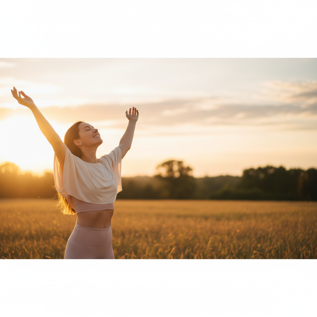 Woman in field at golden sunrise, arms raised in worship