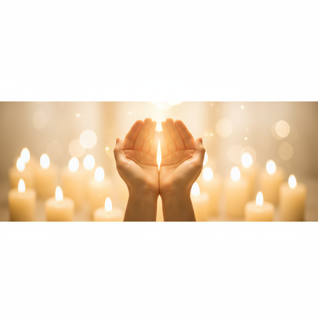 Open hands in prayer with warm golden candlelight