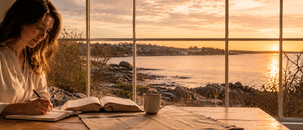 Woman journaling with an open Bible at a coastal window at sunset