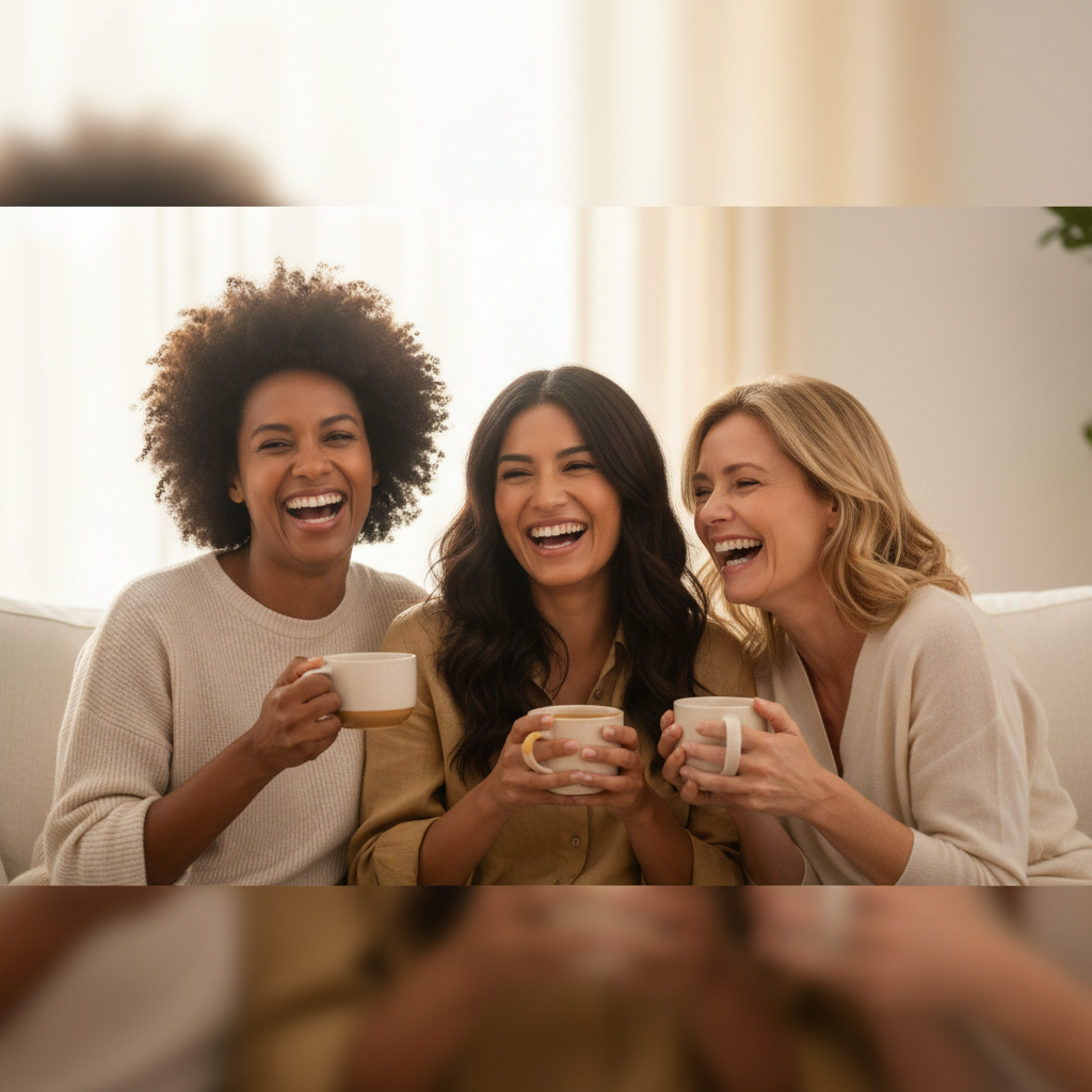 Three diverse women close together on a cream couch, laughing