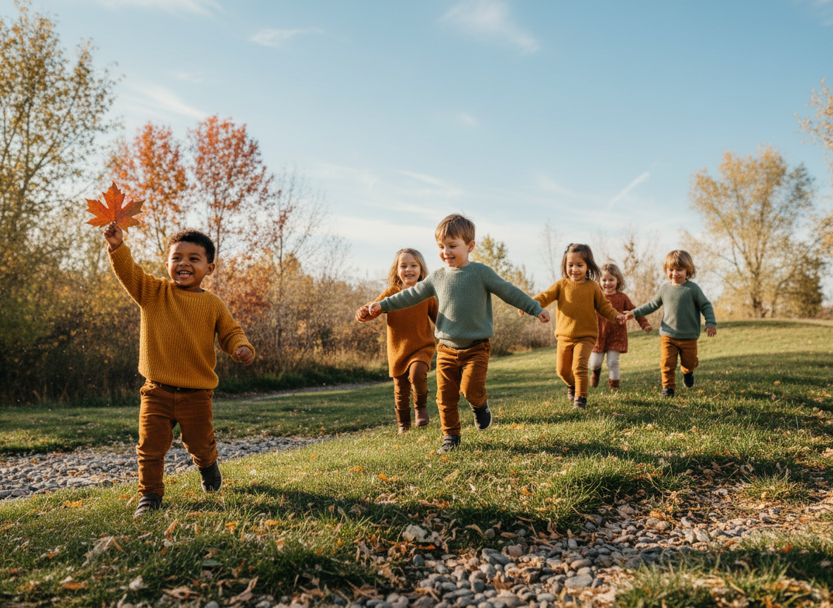Children exploring nature outdoors in a park setting with trees and sunshine