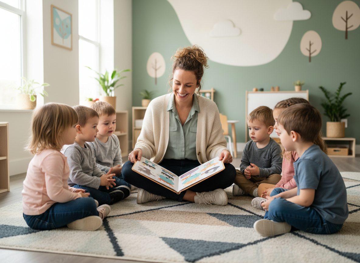 A preschool teacher engaged in story time with a group of young children in a bright classroom