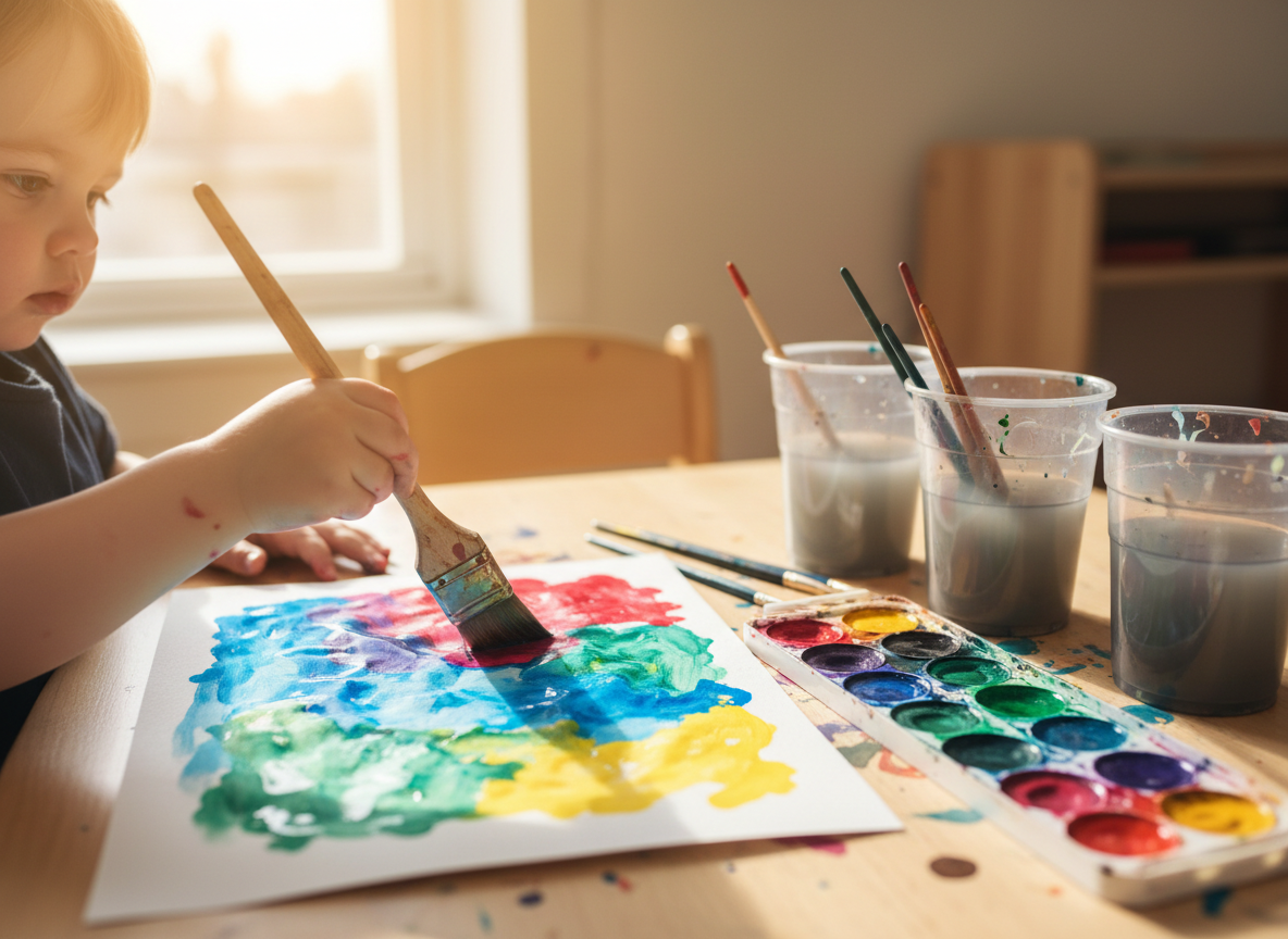 Young child happily painting with watercolors at a preschool craft table
