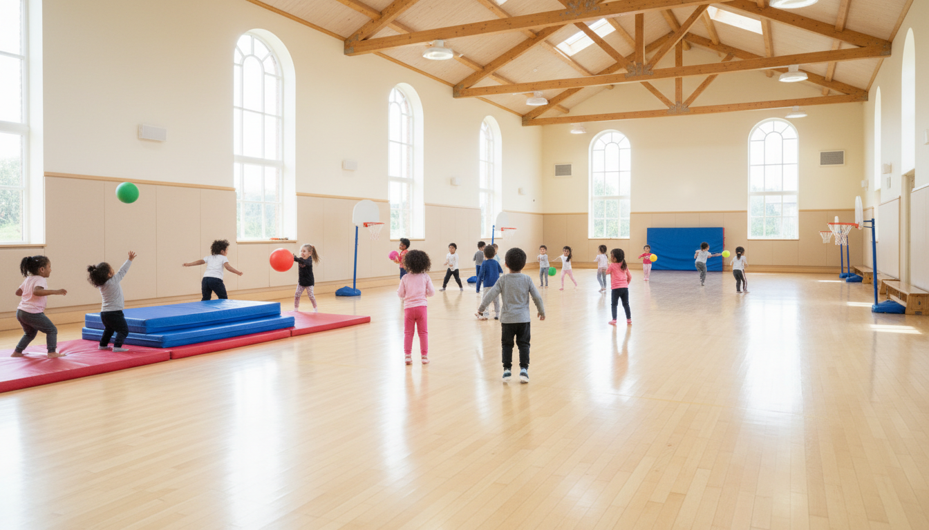 Children enjoying active gym time in a bright spacious gymnasium