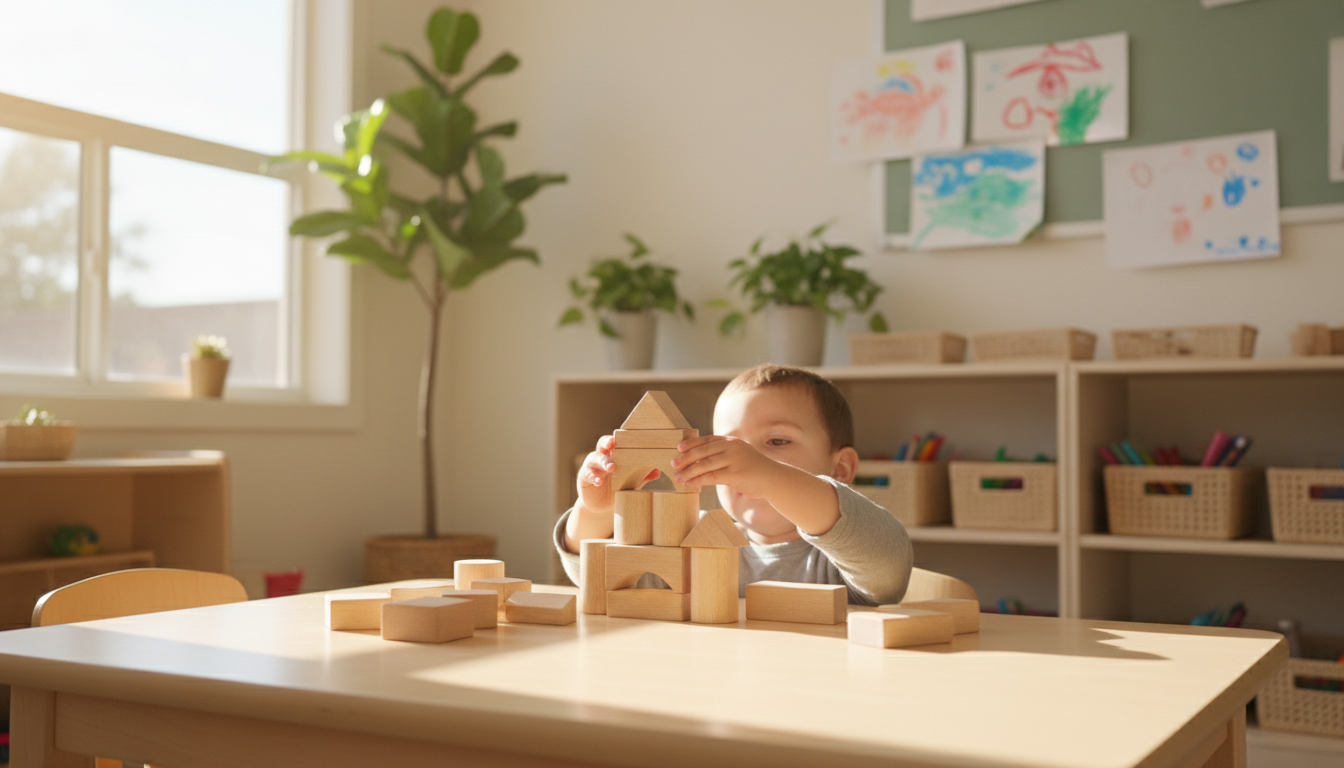 Young child building with natural wooden blocks in a bright, sun-filled preschool classroom