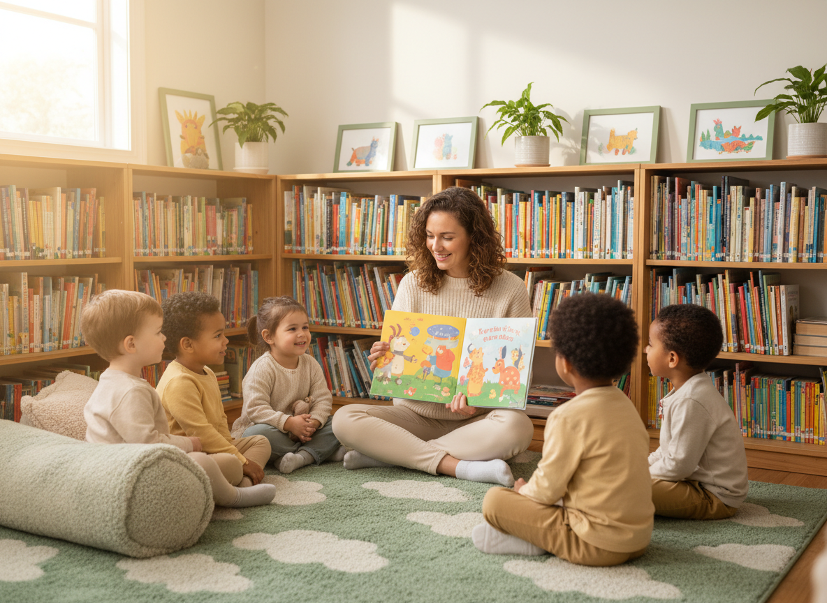 A warm, cozy preschool story time with teacher and children on a rug