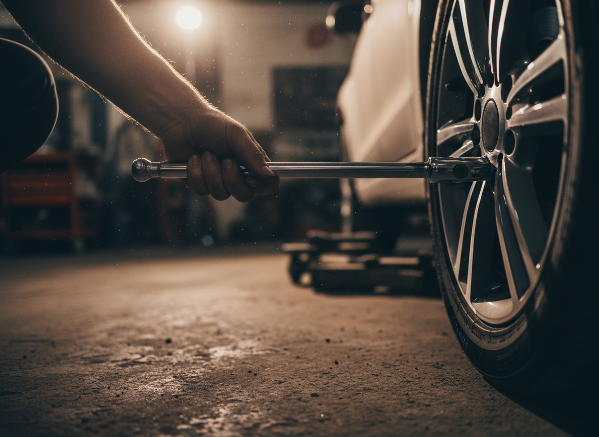 Professional mechanic using torque wrench in workshop