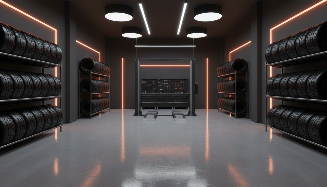 Sanchez Performance Tires workshop interior with orange accent lighting