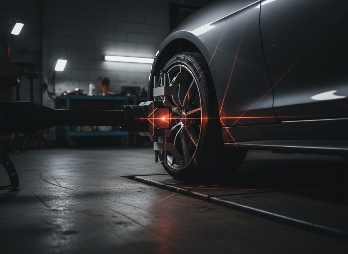 Wheel alignment being performed with laser tools