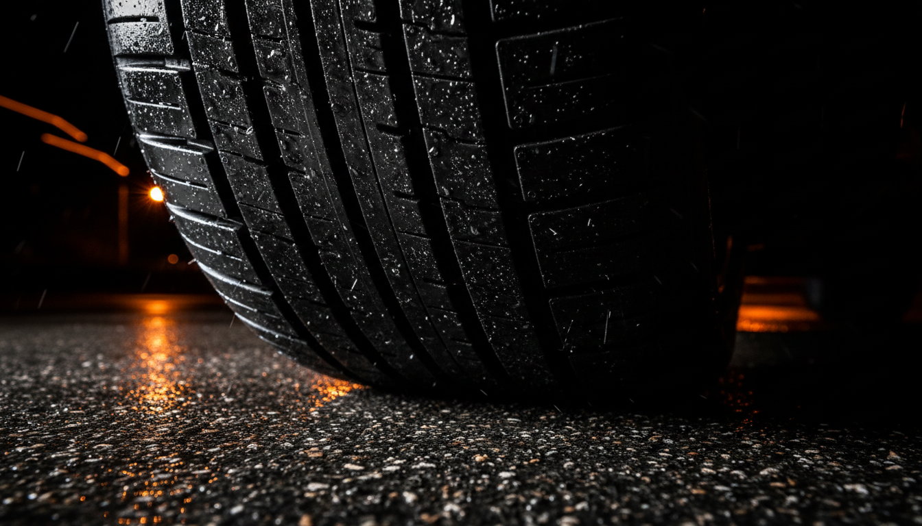 Close-up of high-performance tire tread on wet asphalt reflecting orange light