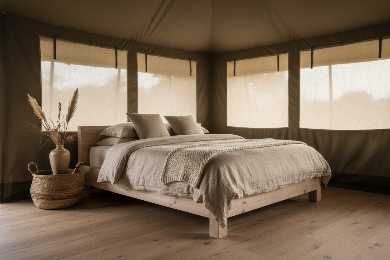 Minimalist luxury lodge interior with natural linen and timber