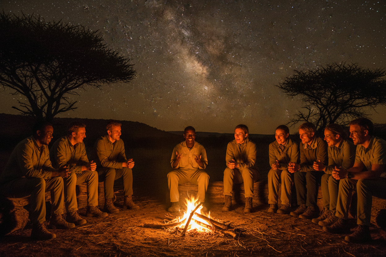 Safari guide sharing stories around campfire with guests