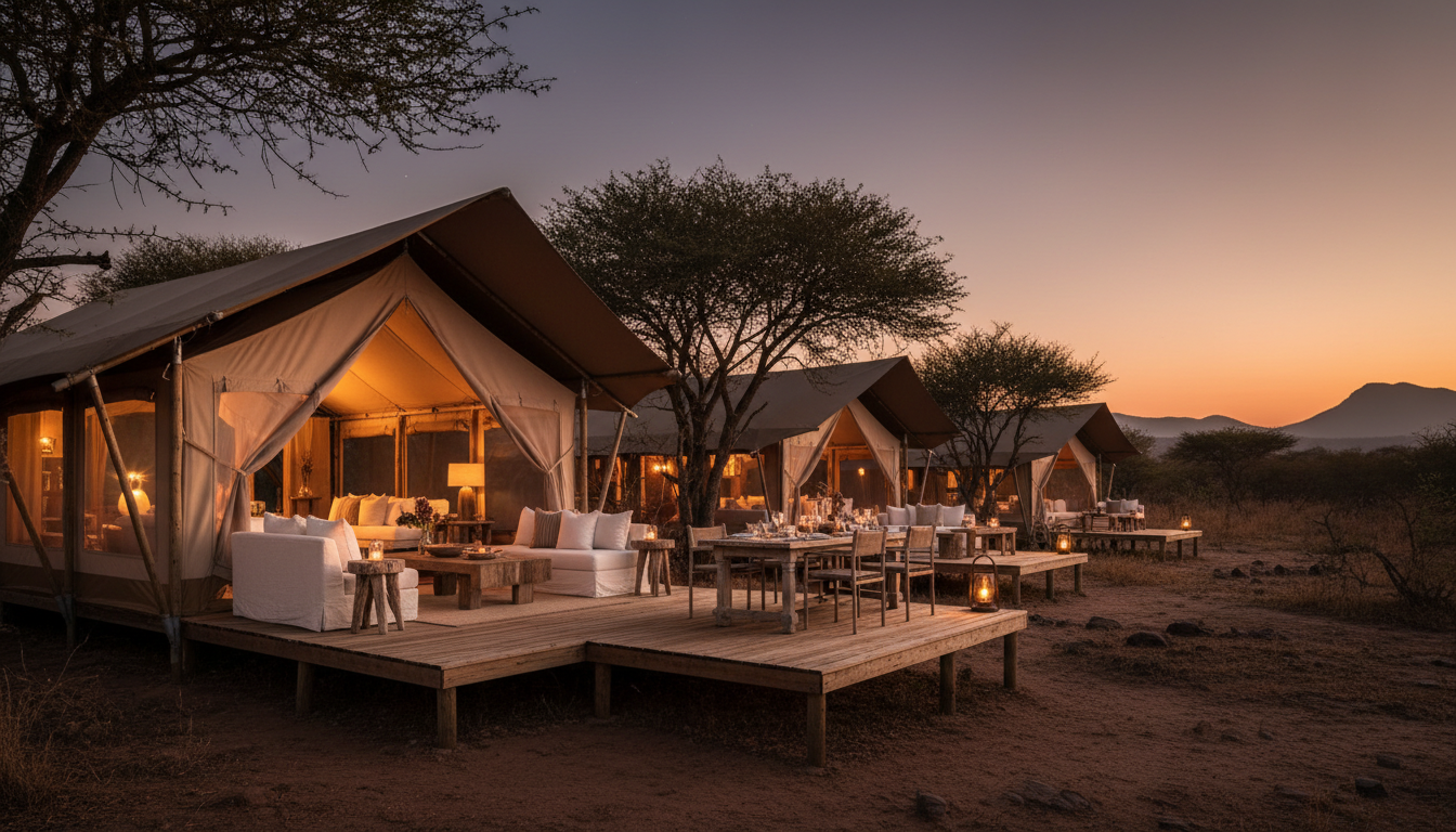 Luxury safari tent at twilight