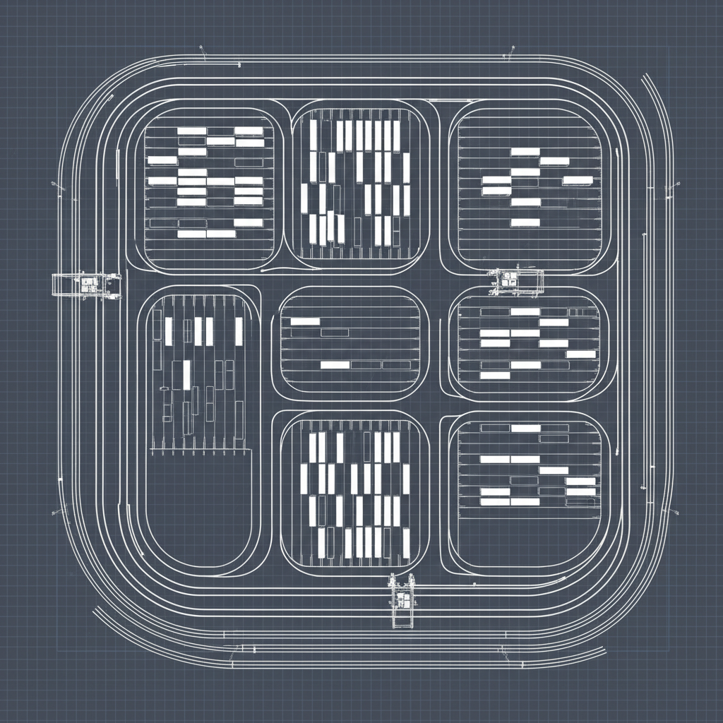 Abstract blueprint visualization of logistics hub architecture