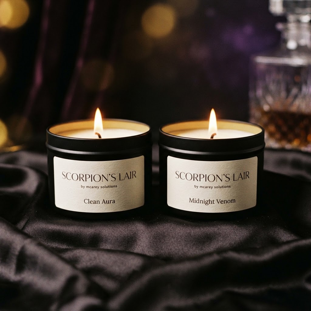 Clean Aura and Midnight Venom soy candles in matte black tins with Scorpion's Lair X Copper Mami branded labels