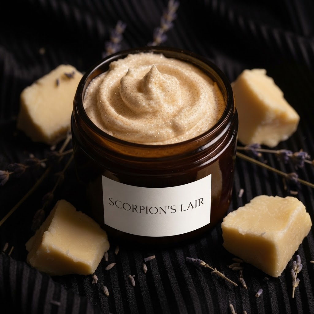 Hand-whipped forest green body butter in a glass jar on dark satin