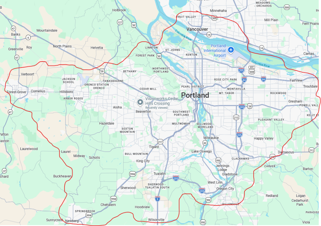 Bruno's Headlight Restoration service area map — Portland metro including Beaverton, Hillsboro, Tigard, Tualatin, Sherwood, Lake Oswego, Oregon City, West Linn, Wilsonville, Gresham, Vancouver WA