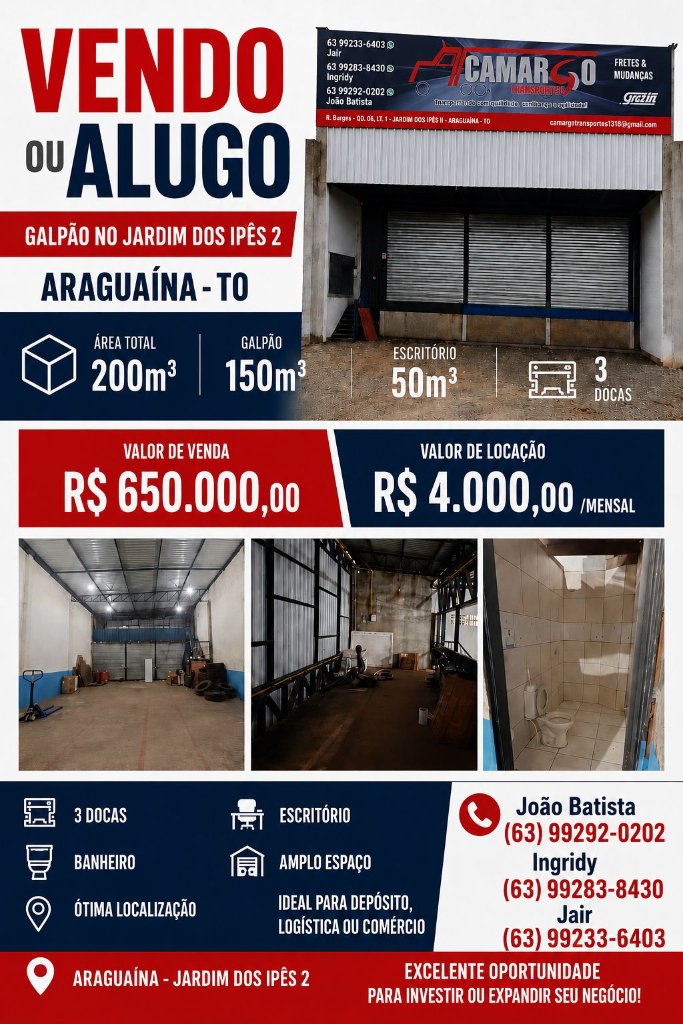 Vendo ou Alugo - Galpão no Jardim dos Ipês 2 - Araguaína/TO