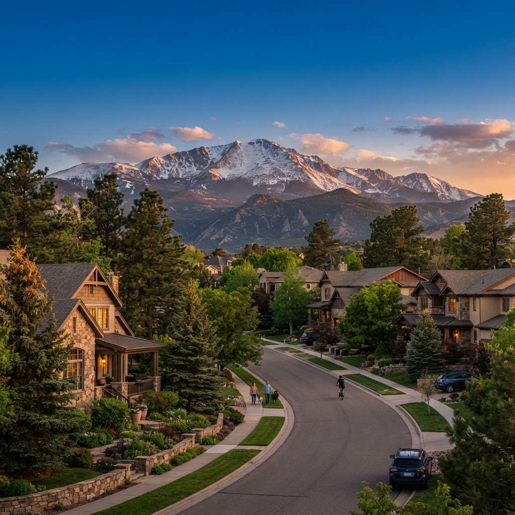 Pikes Peak rising above a Colorado Springs neighborhood