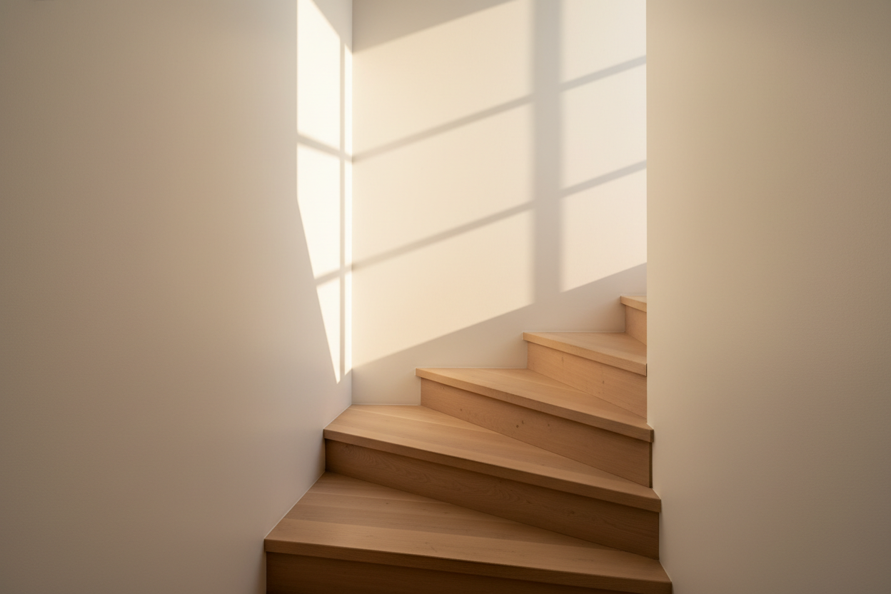 Warm architectural staircase representing the path upward