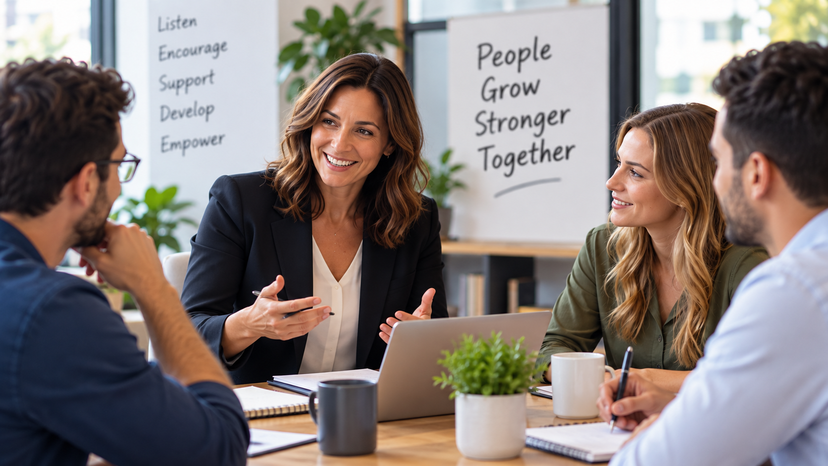 Four professionals collaborating around a light wooden table in a bright office, with a woman in a black blazer speaking and gesturing; a whiteboard behind lists Listen, Encourage, Support, Develop, Empower and the words People Grow Stronger Together.