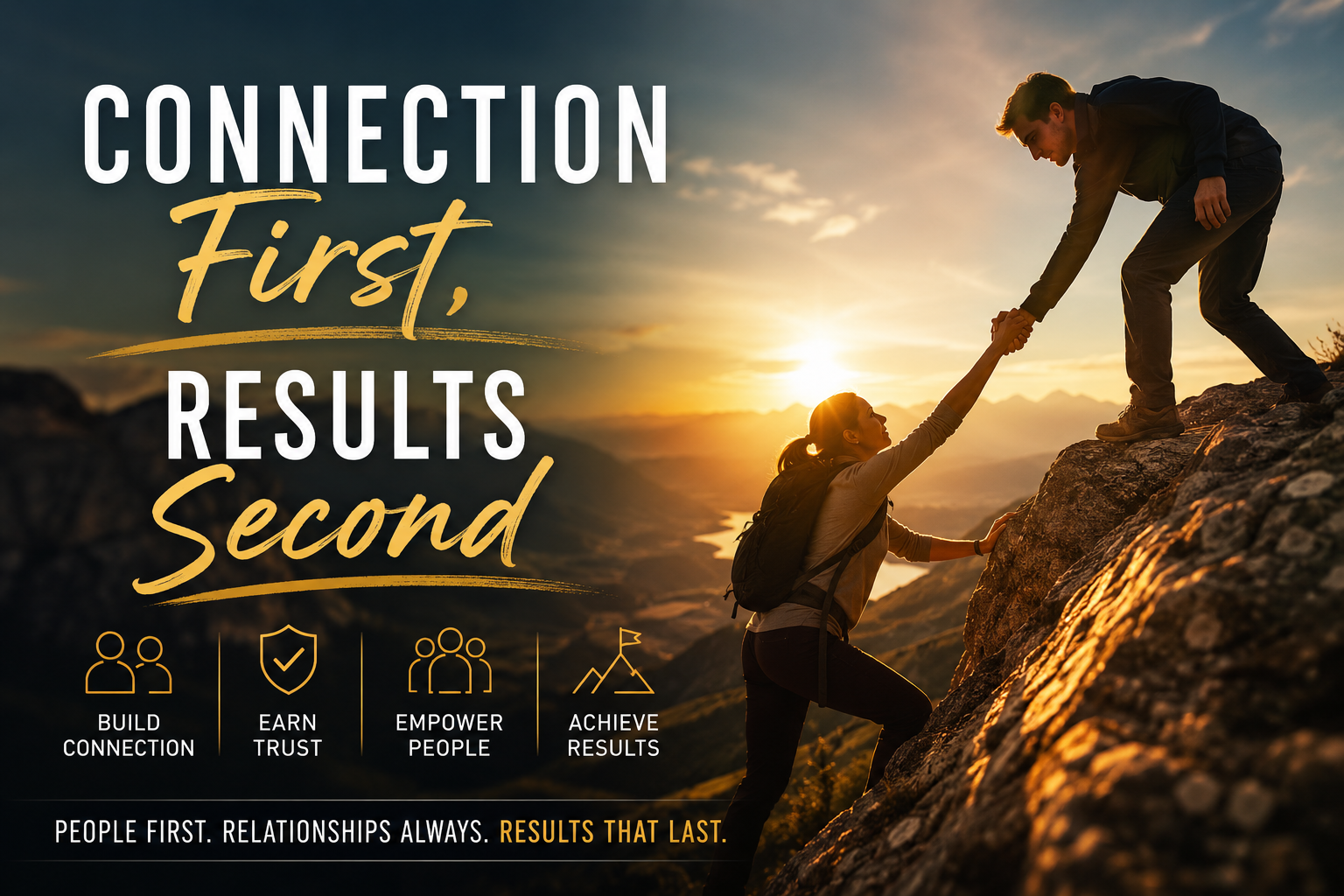 A person helping another person climb a rocky mountain peak at sunset, with overlaid text reading "Connection First, Results Second" and icons for Build Connection, Earn Trust, Empower People and Achieve Results.