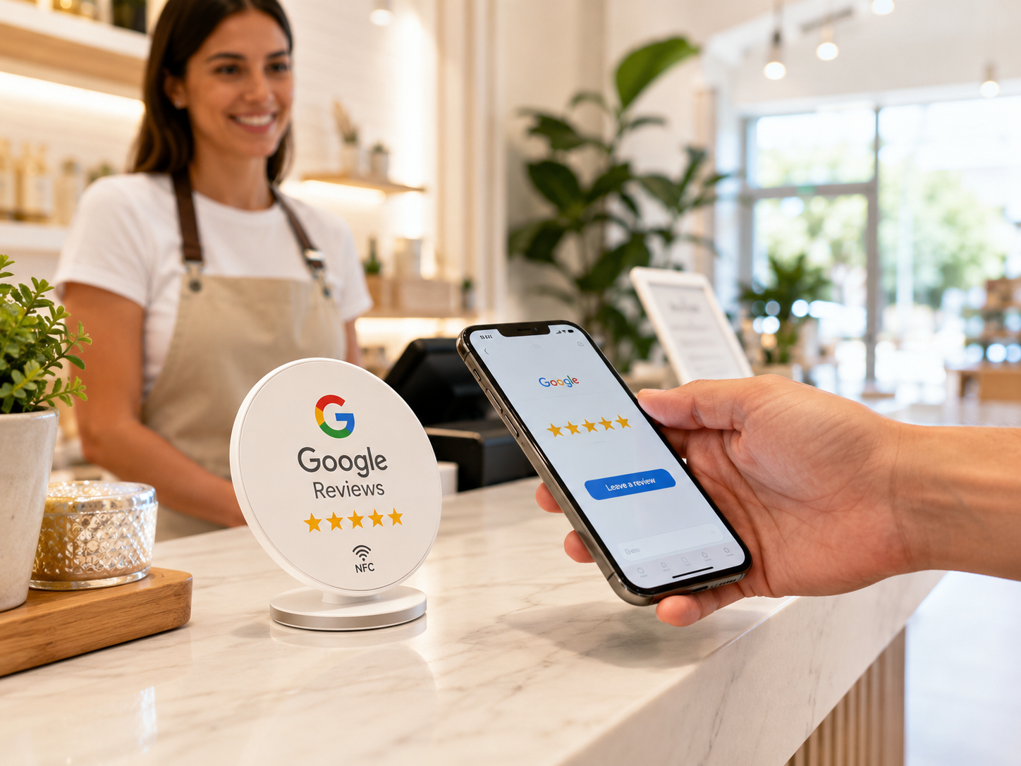 A customer’s hand holding a smartphone showing a Google Reviews page with five stars and a Leave a review button, beside a white NFC Google Reviews tabletop sign on a marble counter, with a smiling staff member blurred in the background.