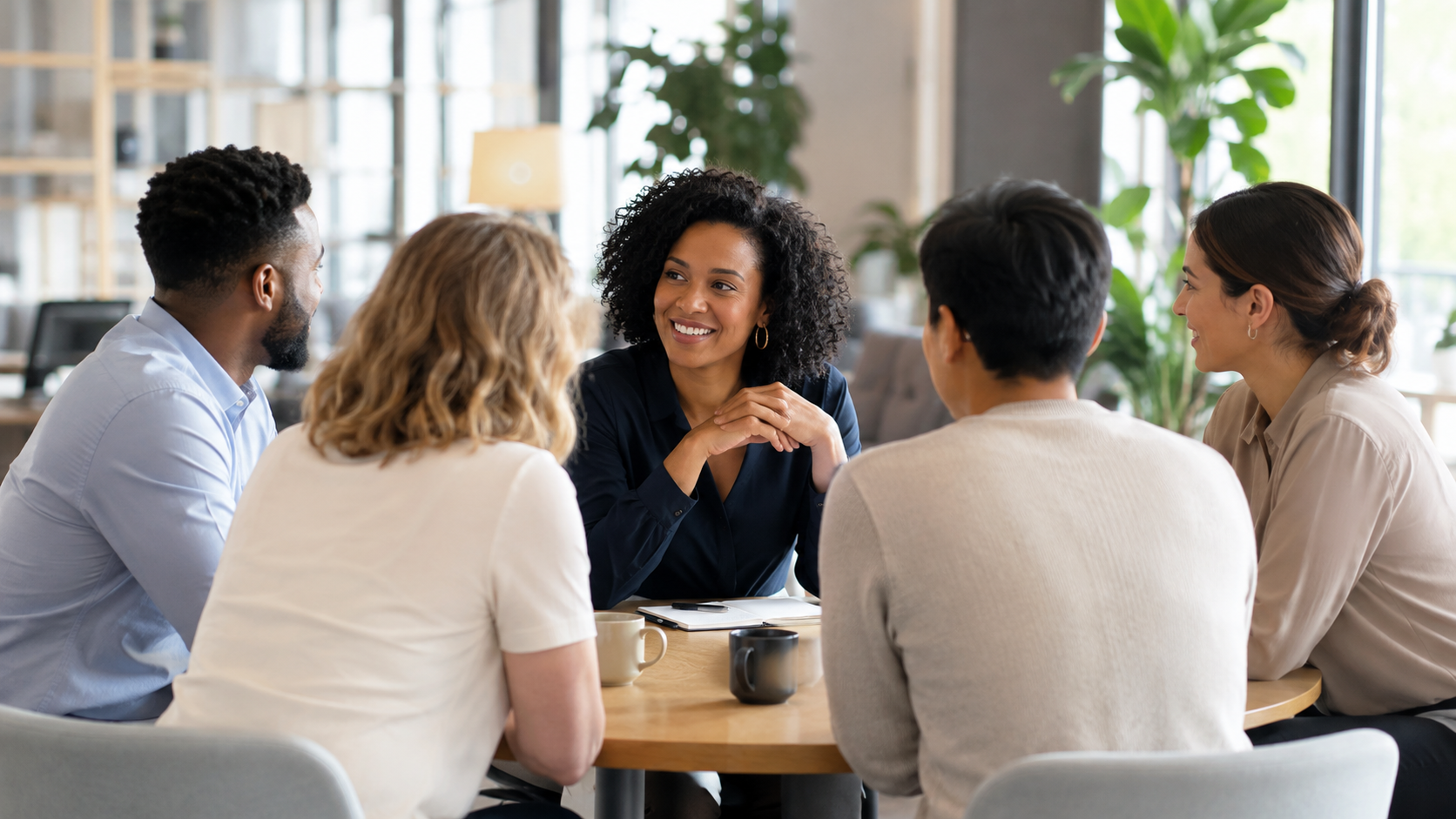 A diverse group of five colleagues collaborating around a round wooden table in a bright, open-plan office.