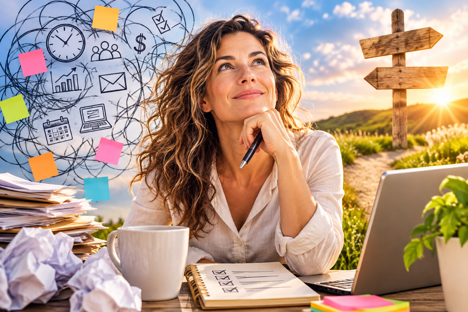 Woman sitting at a desk outdoors at sunset, surrounded by thought-bubble icons representing the many parts of a business demanding attention at once.
