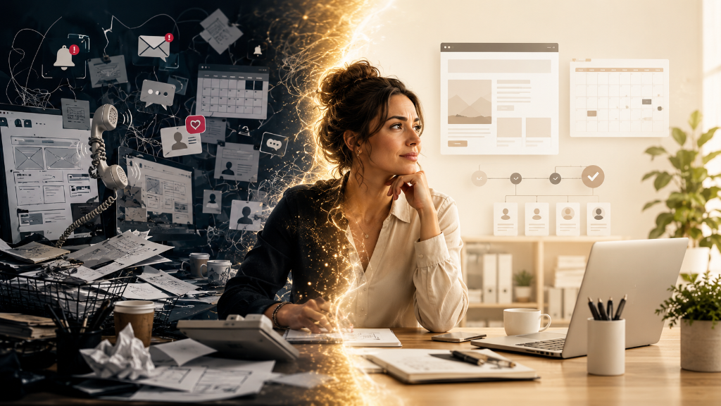 Overwhelmed business owner moving from business chaos to clear systems, website clarity, marketing, rosters and leadership.