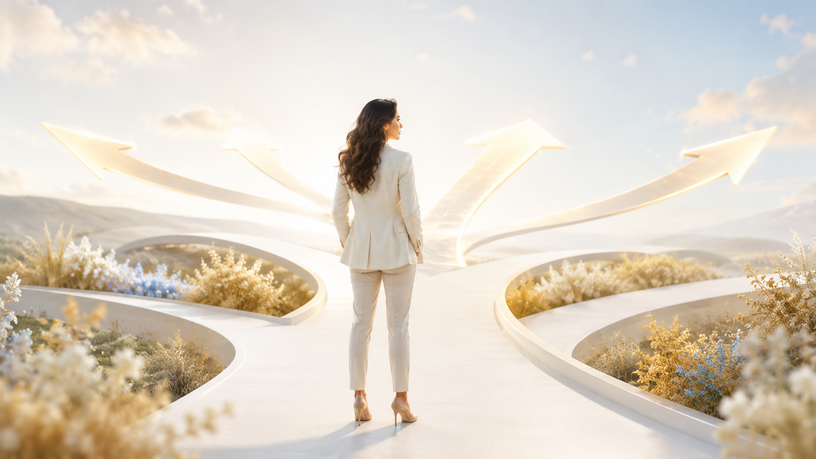 Woman in a cream blazer standing at a fork in the road, glowing golden arrows pointing in multiple directions towards the horizon, surrounded by wildflowers at golden hour.