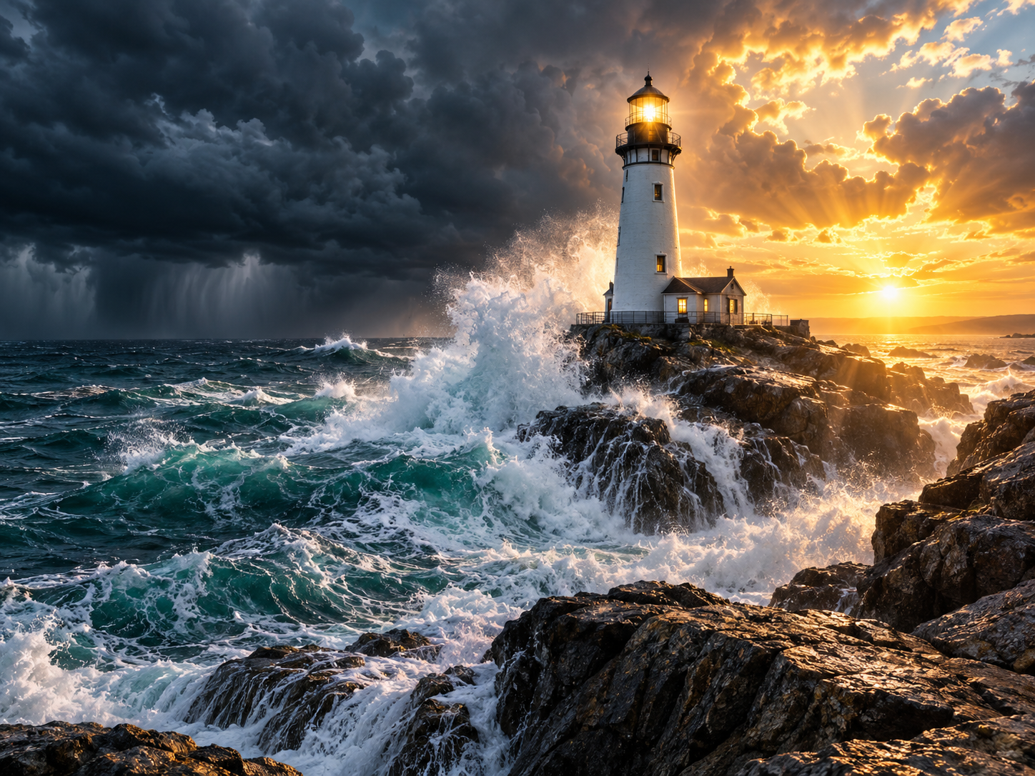 A white lighthouse on a rocky shoreline, illuminated from within, with turbulent teal waves crashing against dark rocks under a sky split between dark storm clouds and a golden sunset.