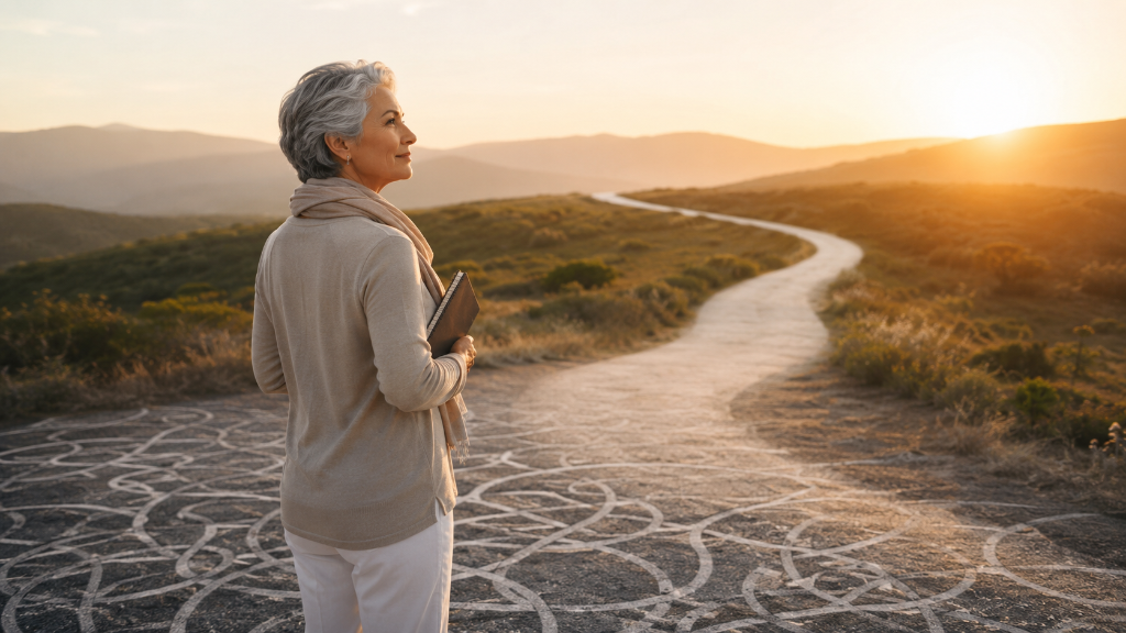 Woman standing on a path at sunset, tangled white lines clearing into a clear path ahead — finding where to begin when something needs to change.