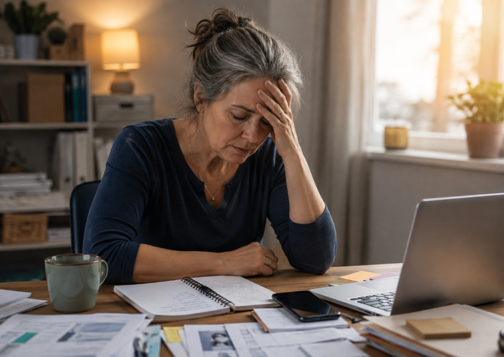 Woman sitting at a desk in a home office, appearing stressed and overwhelmed while working on her business.