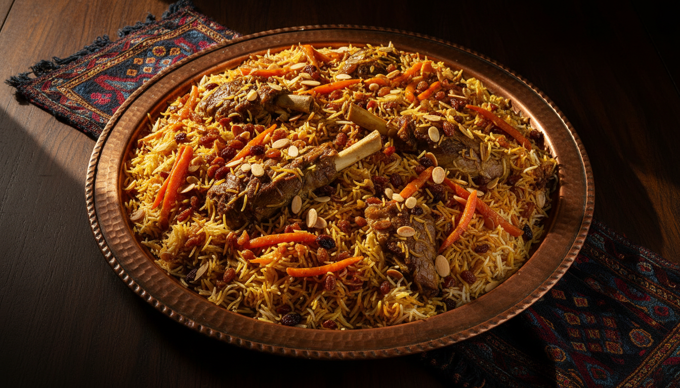 Kabuli Pulao with lamb and saffron rice