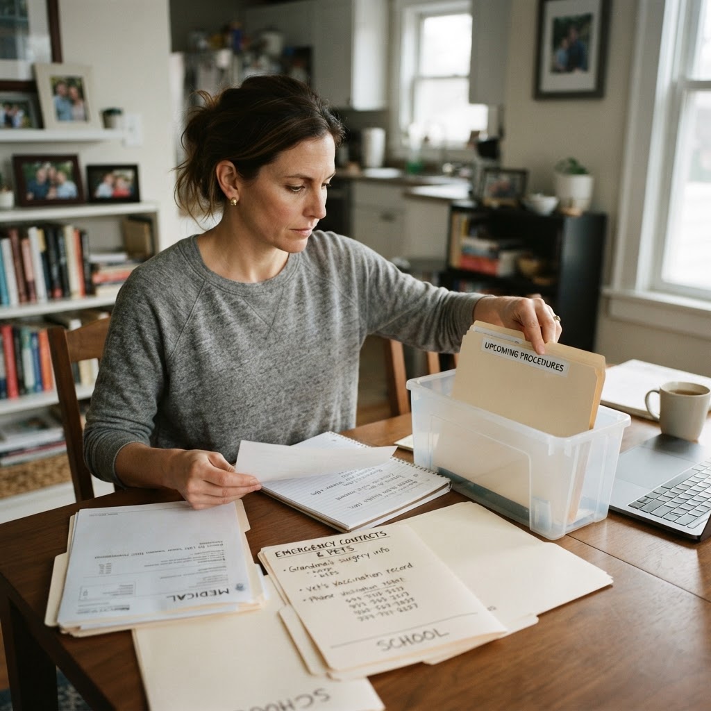 Household member organizing a few records at home