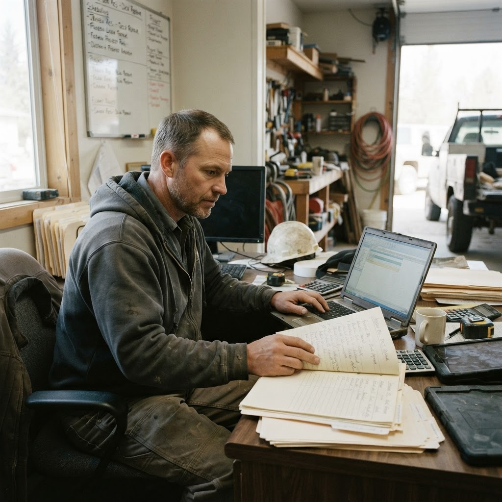 Busy contractor transitioning between field work and administrative tasks