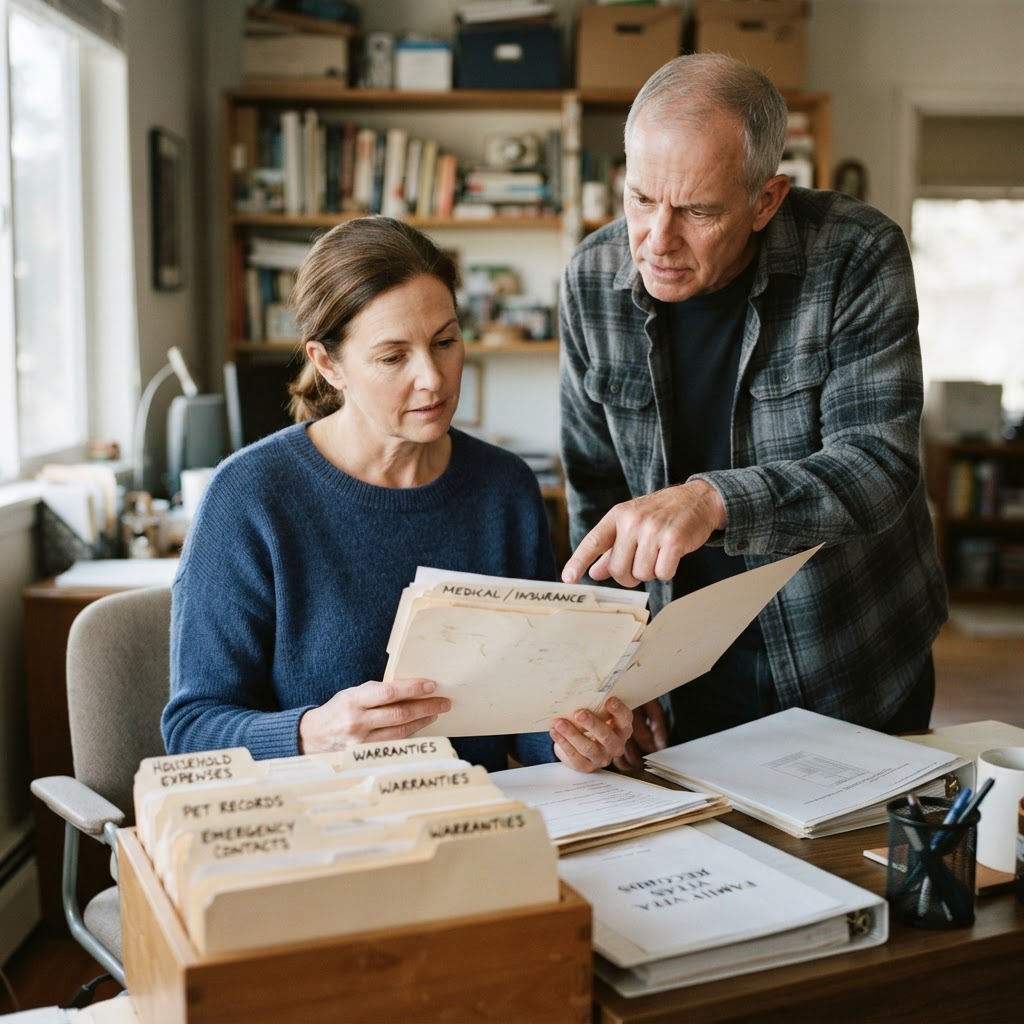 Family members retrieving needed information together at home