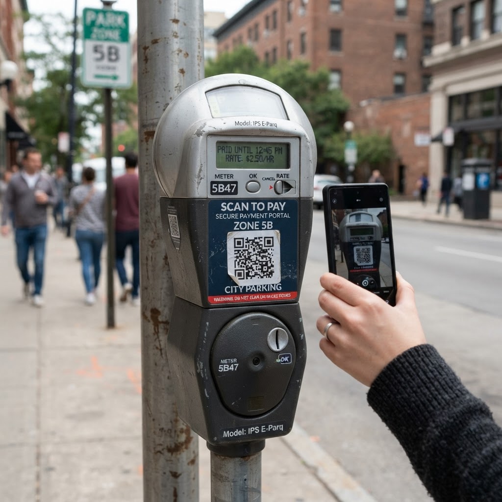 A sticker-based QR code placed over a permanent parking meter sign.