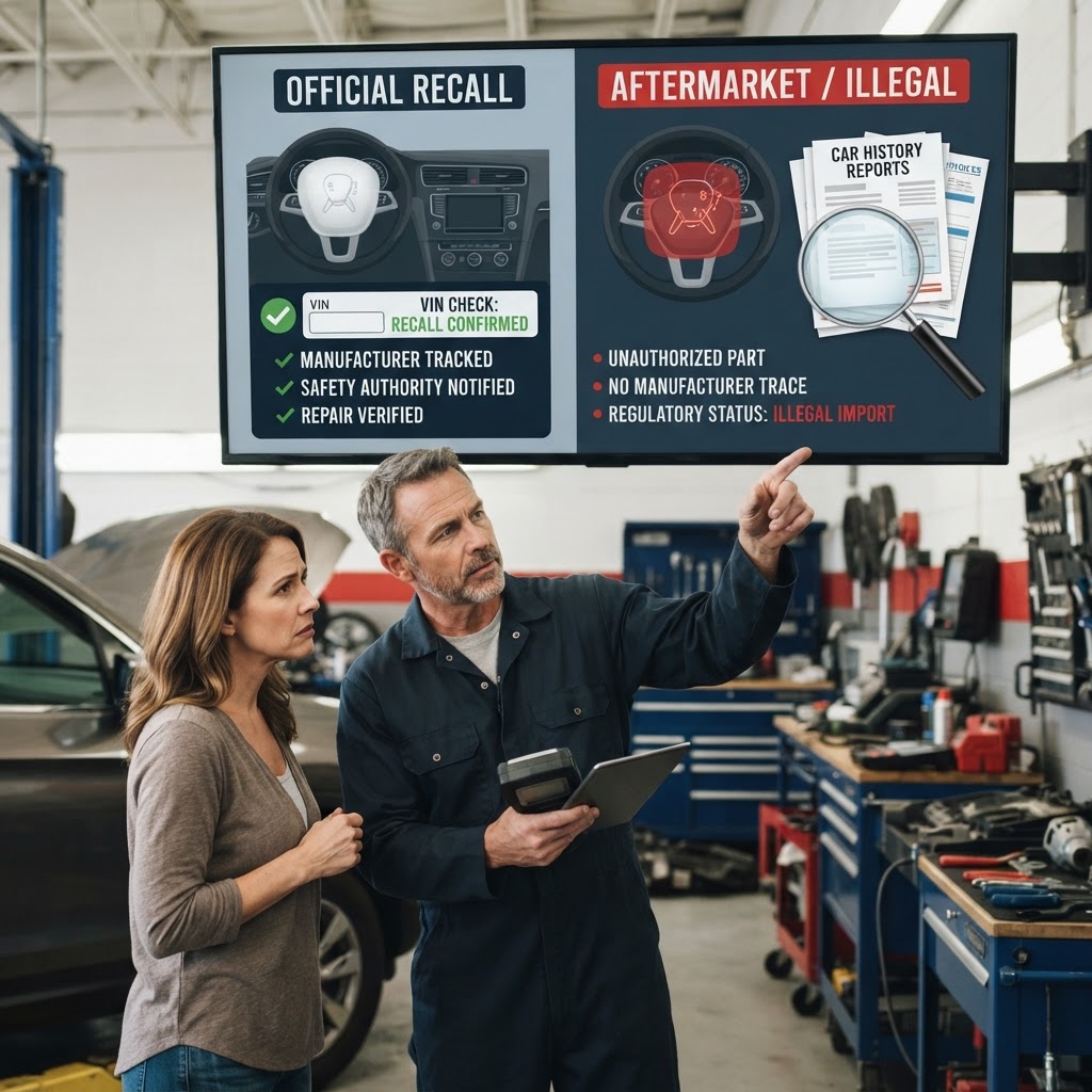 A comparison chart showing VIN-linked recalls versus aftermarket parts.