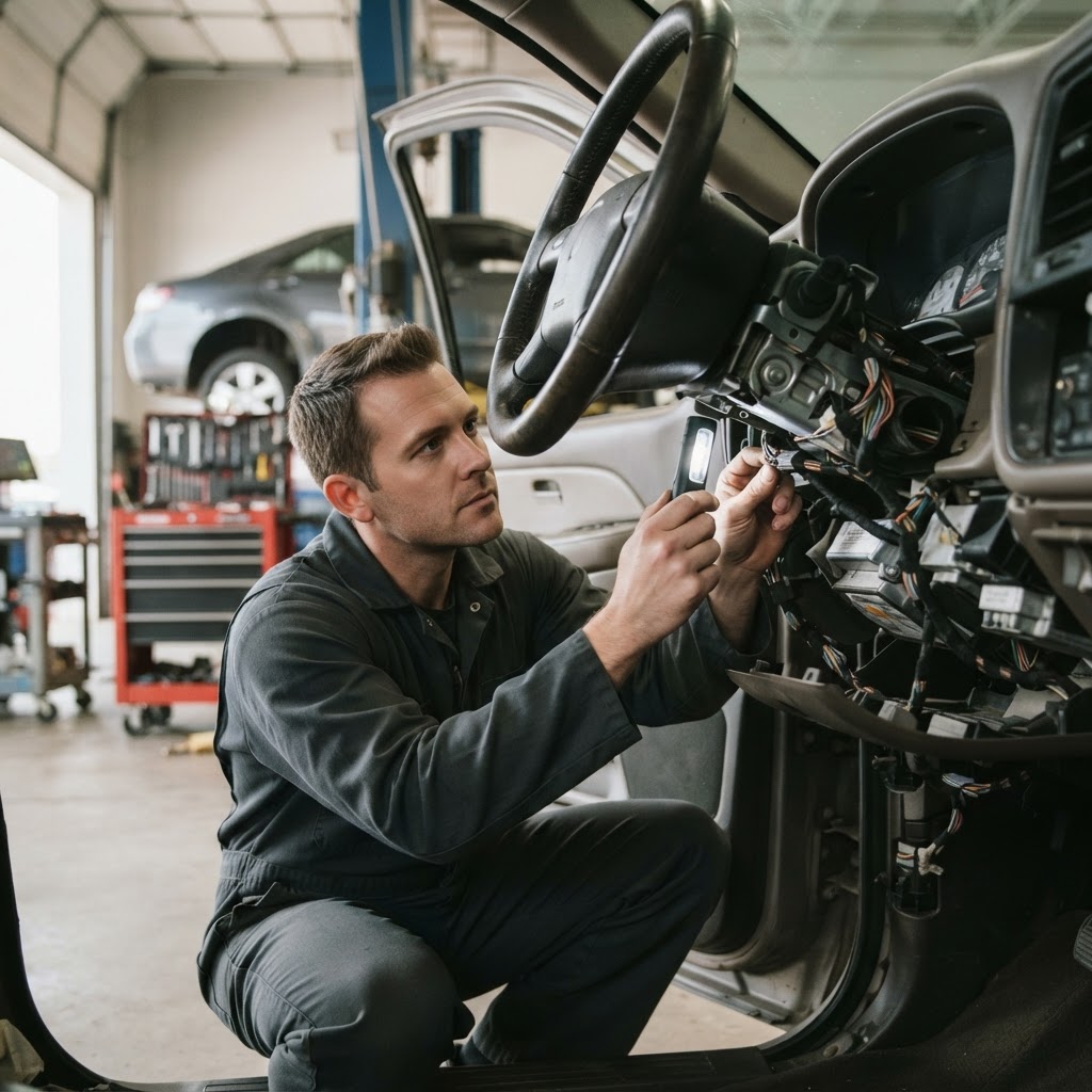 A mechanic inspecting the steering column of a car.