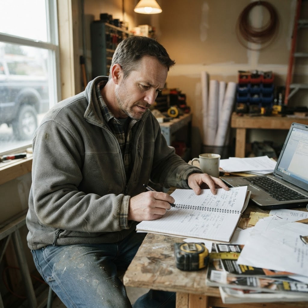 Owner-operator reviewing an unresolved estimate during a workday