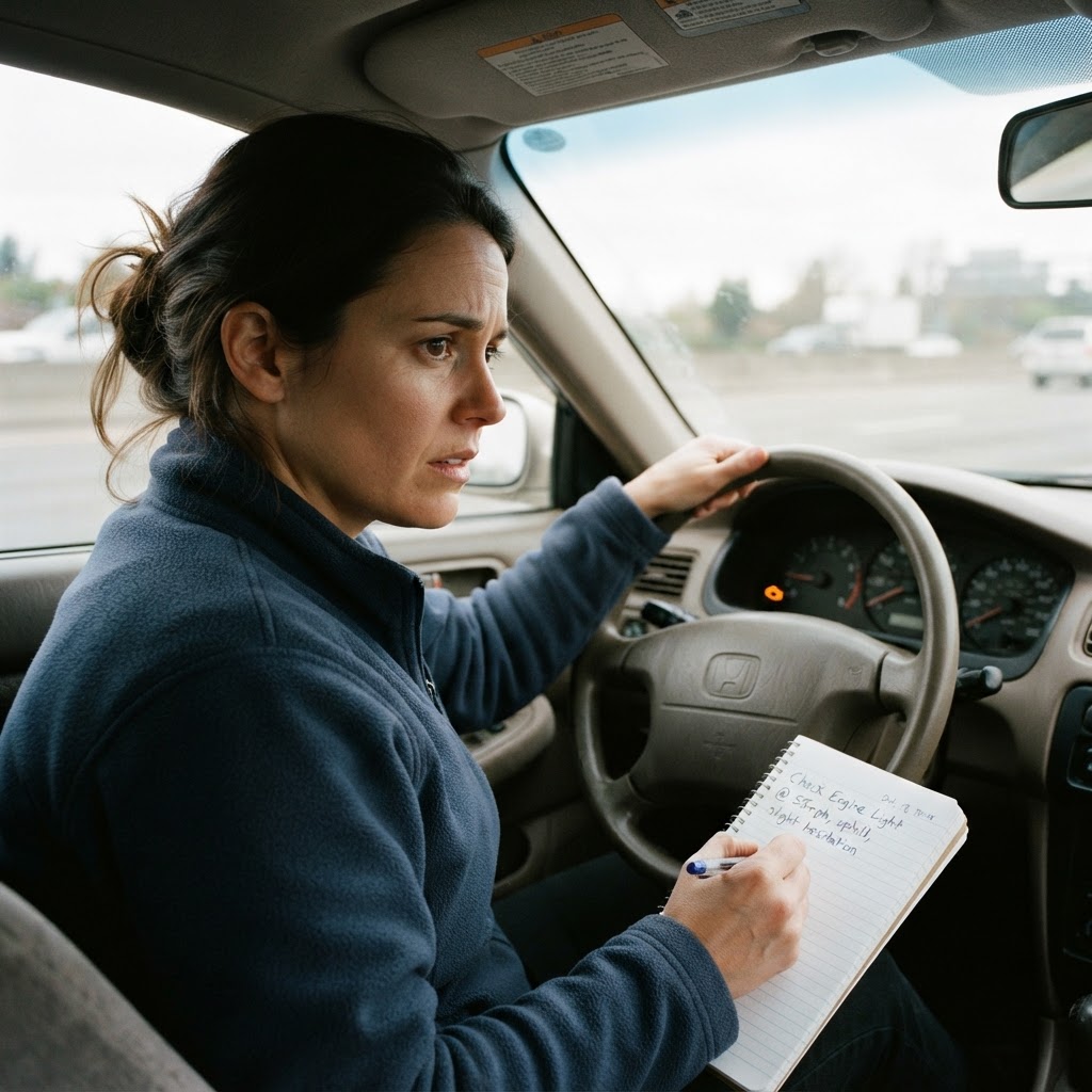 Driver beside an ordinary parked car after noticing a warning light