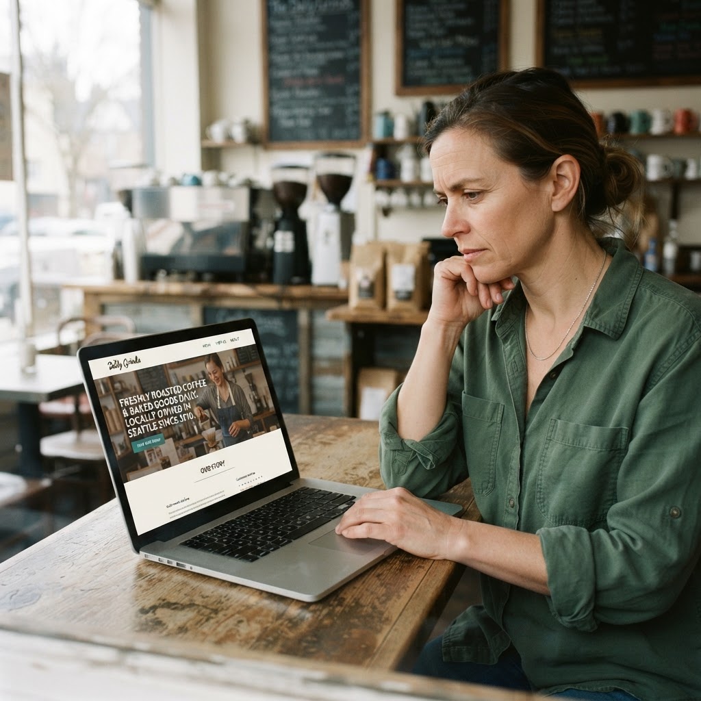 Local business owner checking their website in their workplace
