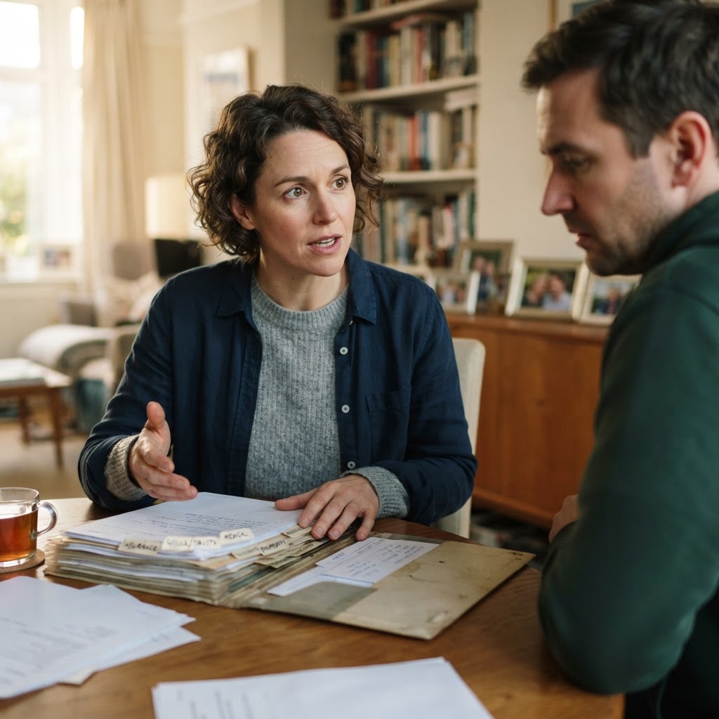 Household member organizing useful records at an ordinary home table
