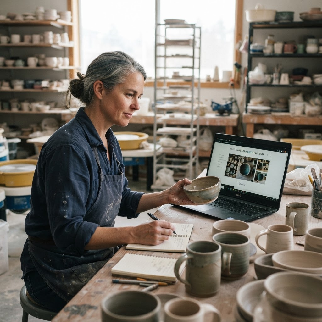 Small-business owner organizing real examples of their work