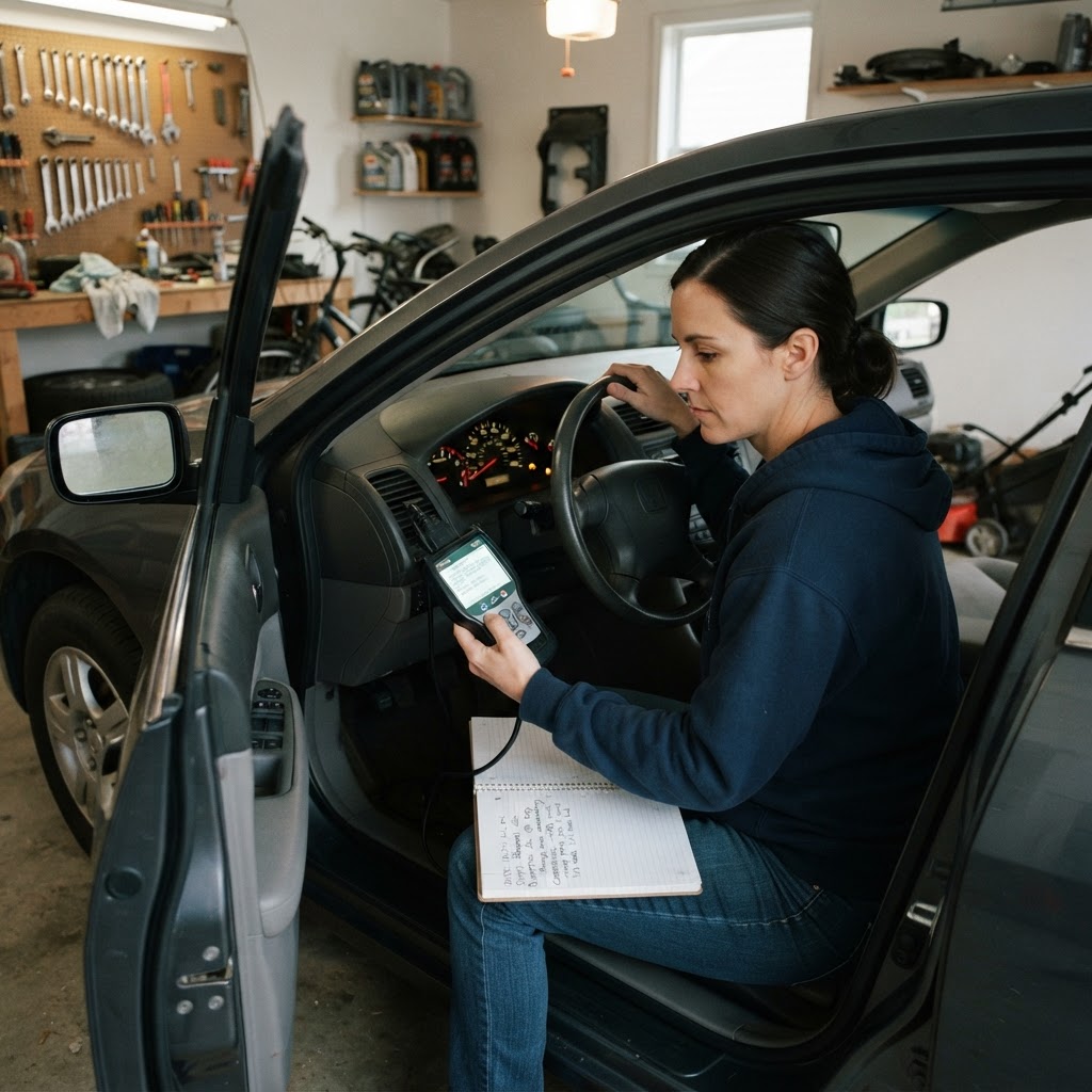 Vehicle owner checking information on a phone inside a parked car