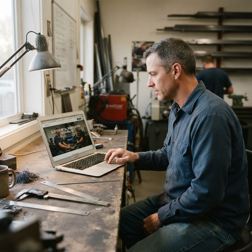 Small-business owner reviewing their website in their actual place of business