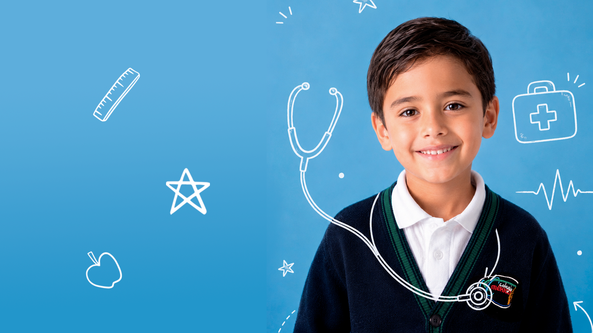 Niño de primaria con uniforme azul del Colegio México Zumpango