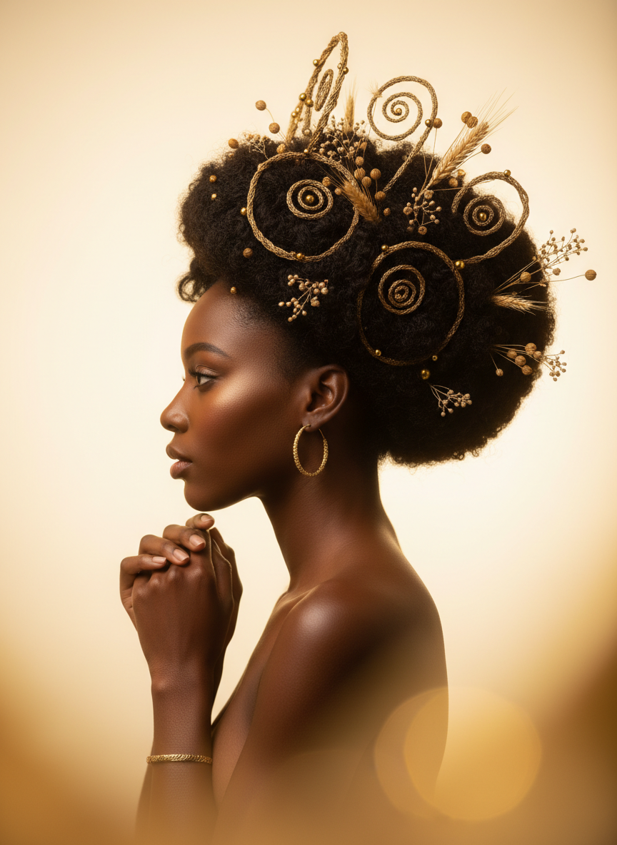 Beautiful Black woman in profile with natural hair crown